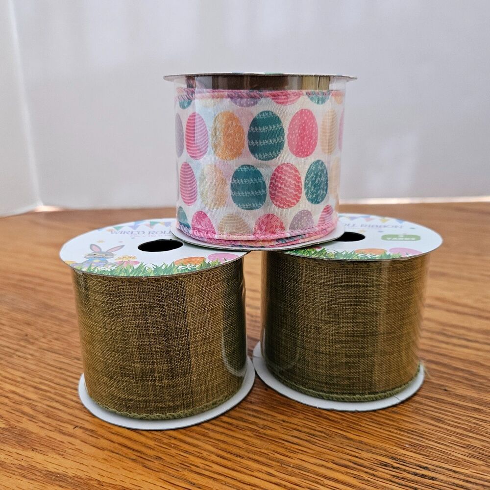 Wired Roll Ribbon 2 Green 1 Easter Egg 3 Yards Per Roll 2.5" Wide